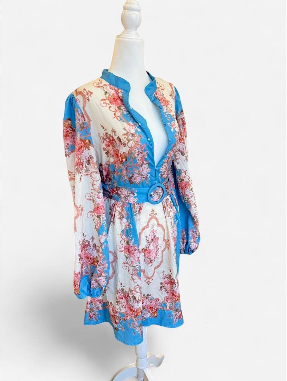 Blue Floral Belted Long Sleeve Mini Dress Size Medium
